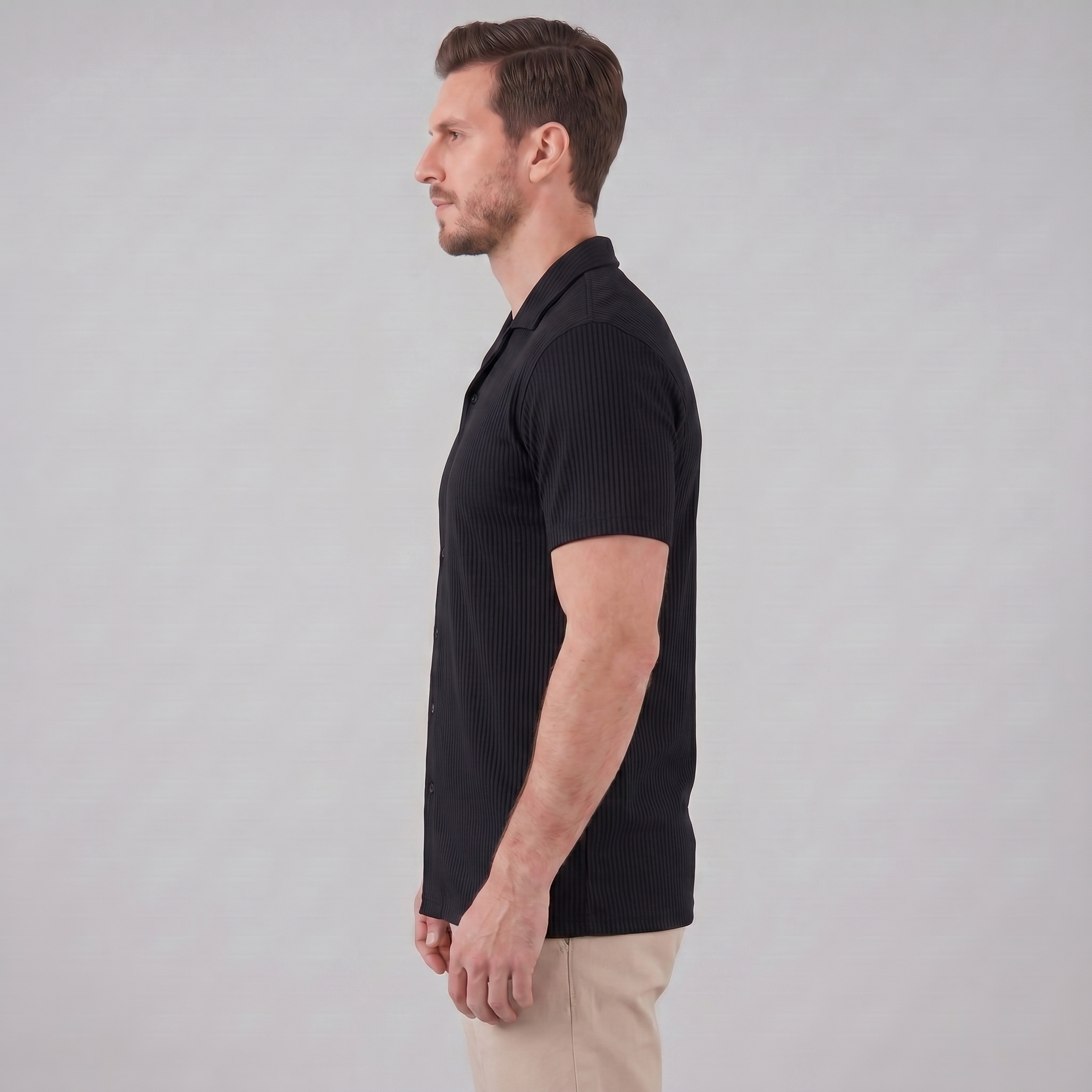 Ribbed Cuban Collar Shirt for Men - Casual Short Sleeve Cotton Top