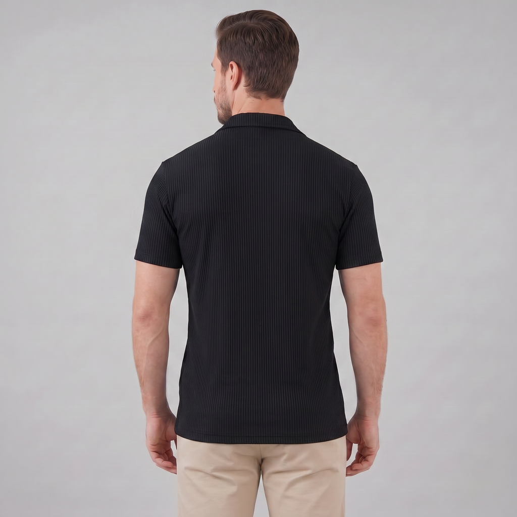Ribbed Cuban Collar Shirt for Men - Casual Short Sleeve Cotton Top