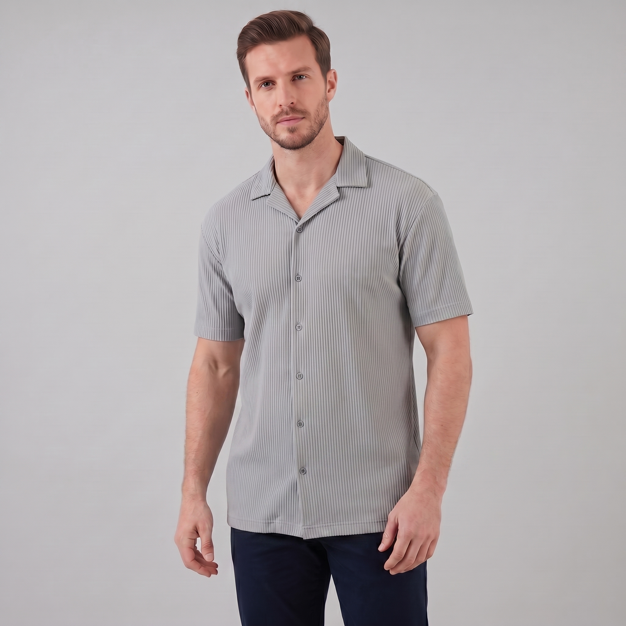 Ribbed Cuban Collar Shirt for Men - Casual Short Sleeve Cotton Top
