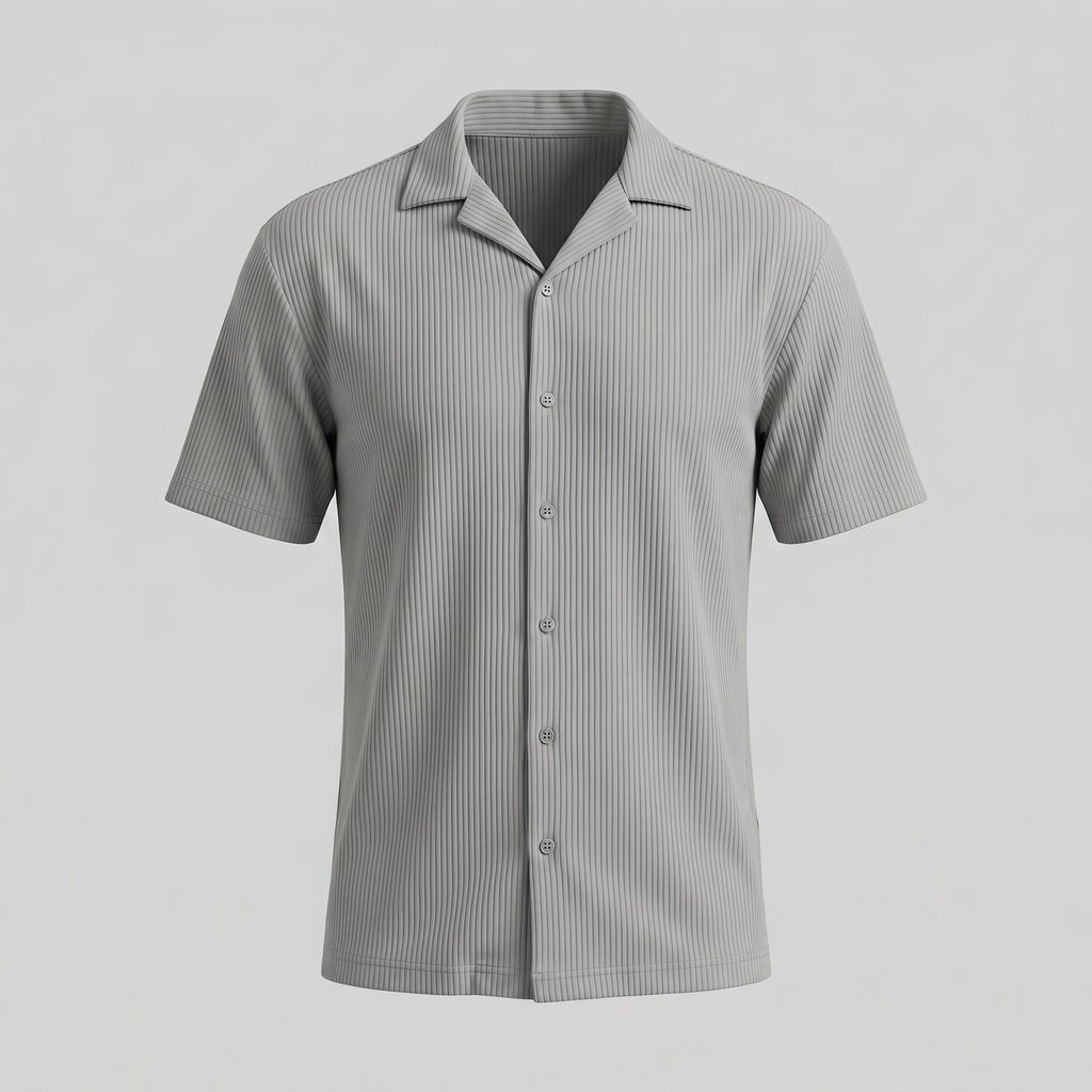 Ribbed Cuban Collar Shirt for Men - Casual Short Sleeve Cotton Top