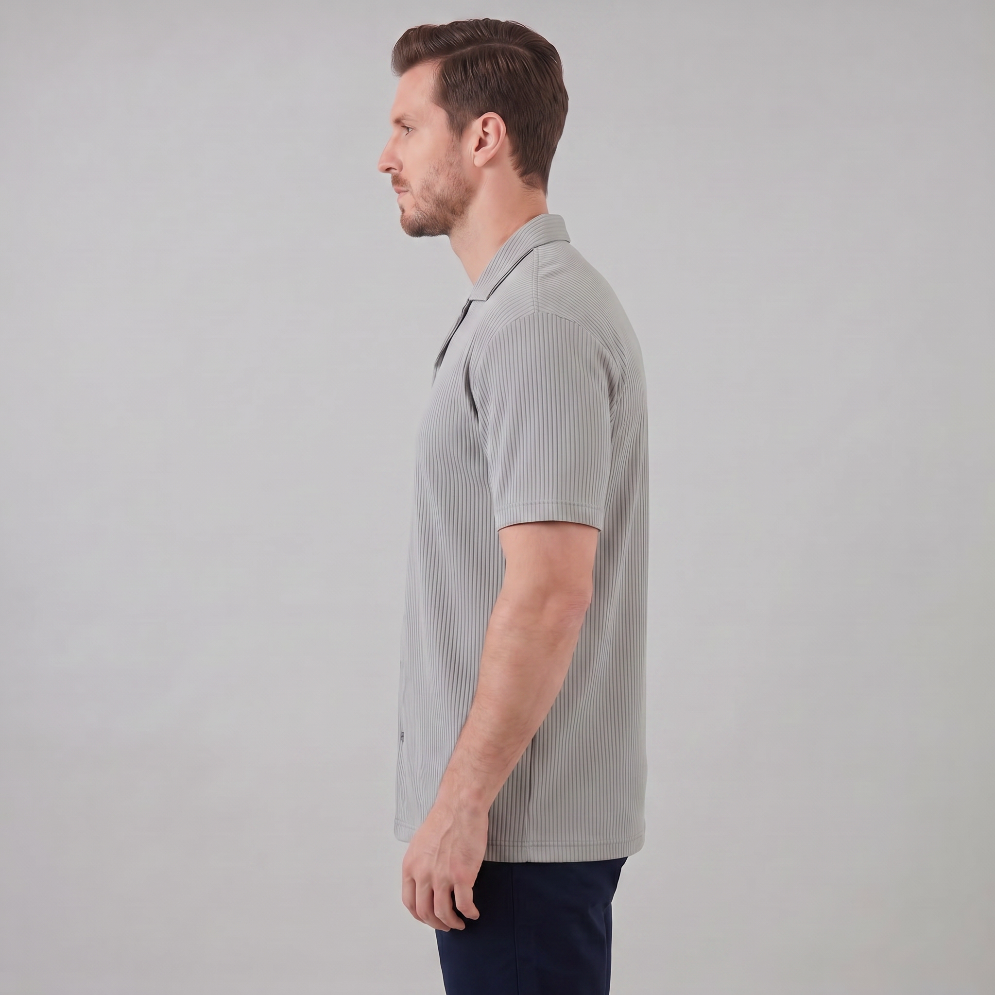 Ribbed Cuban Collar Shirt for Men - Casual Short Sleeve Cotton Top