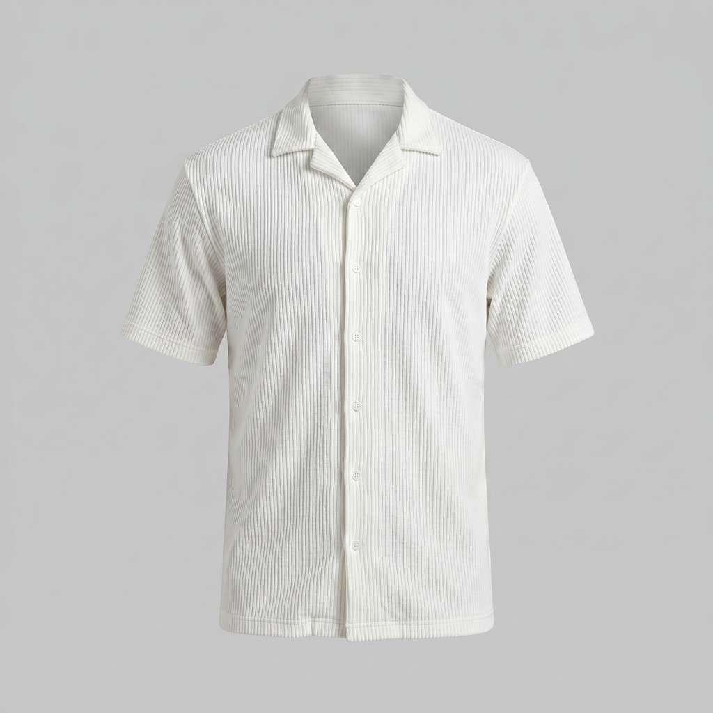 Ribbed Cuban Collar Shirt for Men - Casual Short Sleeve Cotton Top