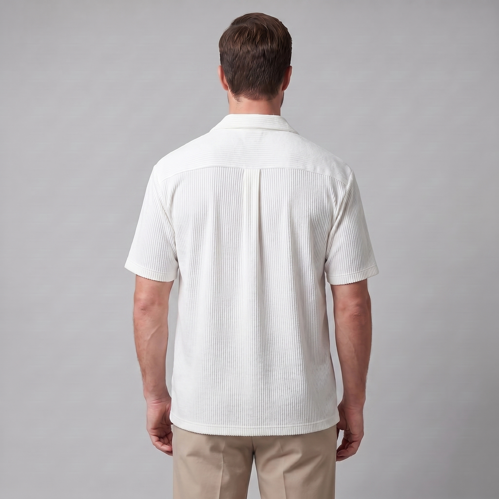 Ribbed Cuban Collar Shirt for Men - Casual Short Sleeve Cotton Top