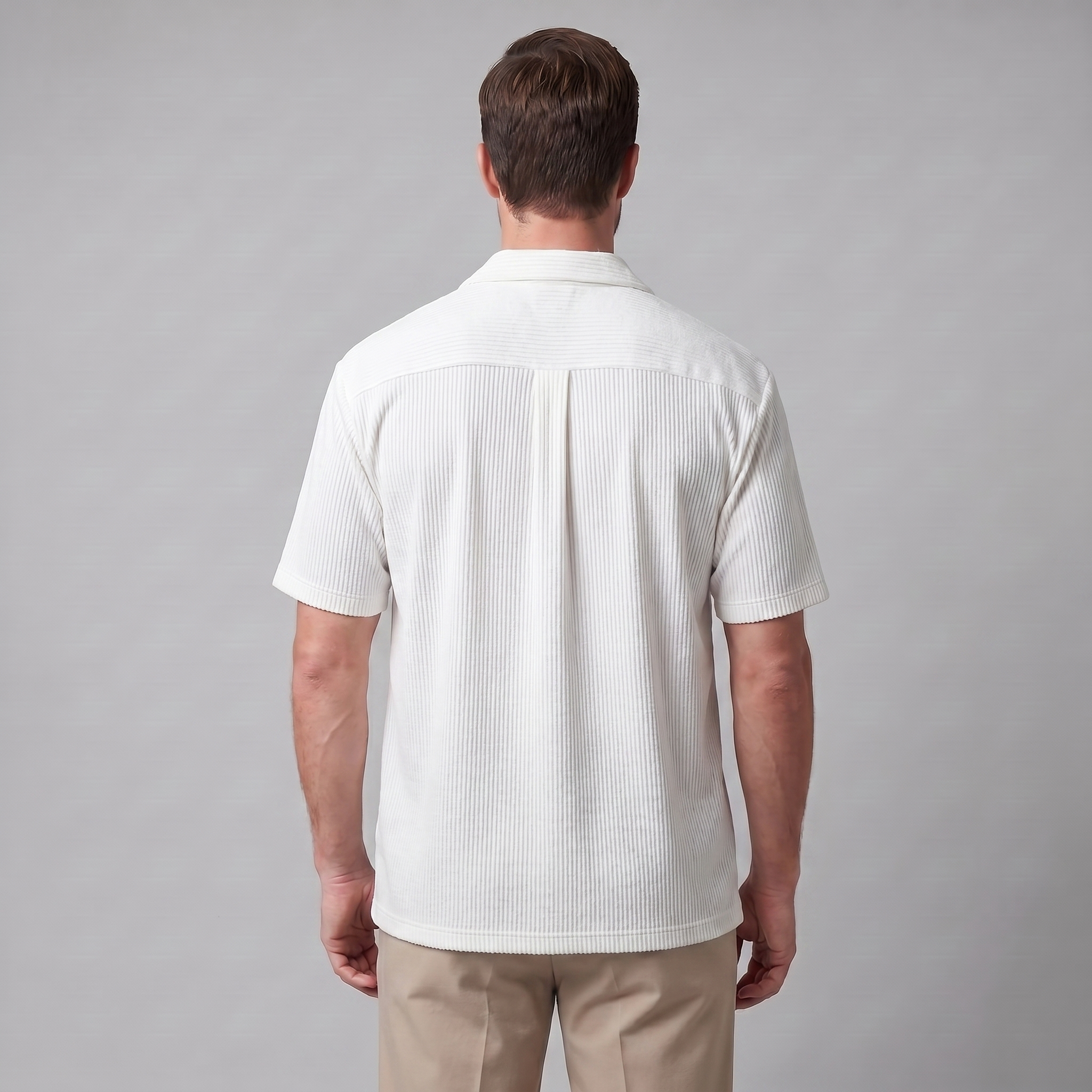 Ribbed Cuban Collar Shirt for Men - Casual Short Sleeve Cotton Top