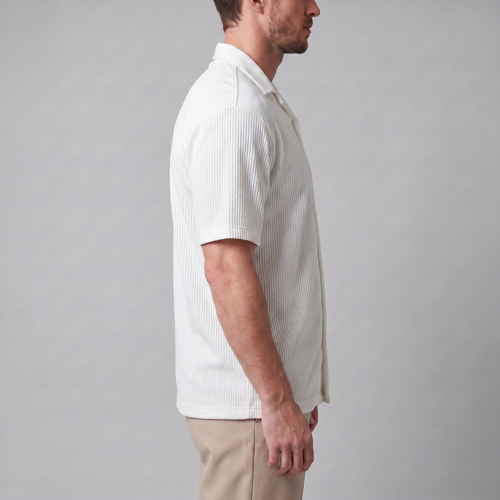 Ribbed Cuban Collar Shirt for Men - Casual Short Sleeve Cotton Top