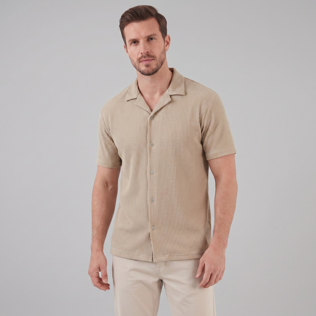 Ribbed Cuban Collar Shirt for Men - Casual Short Sleeve Cotton Top