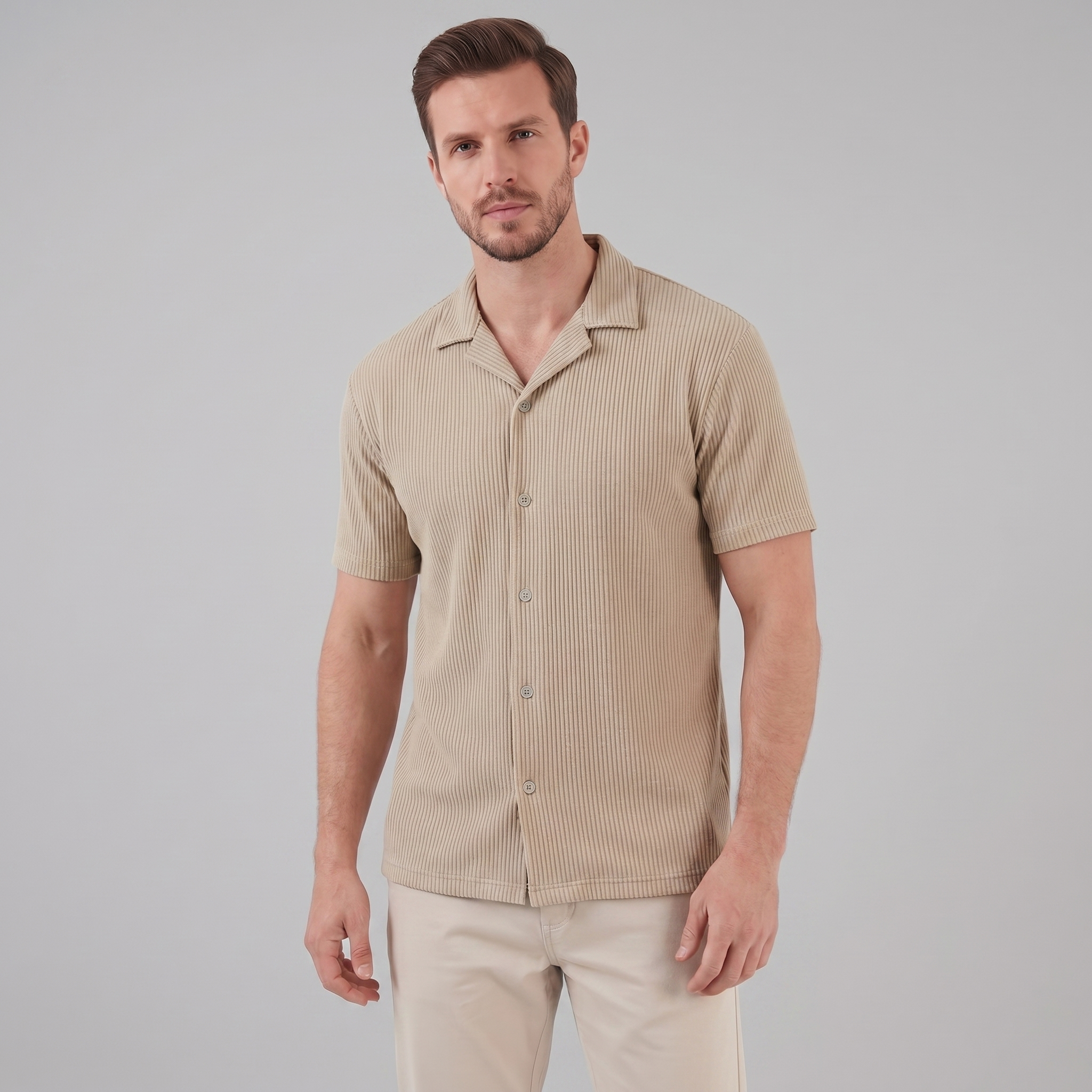 Ribbed Cuban Collar Shirt for Men - Casual Short Sleeve Cotton Top
