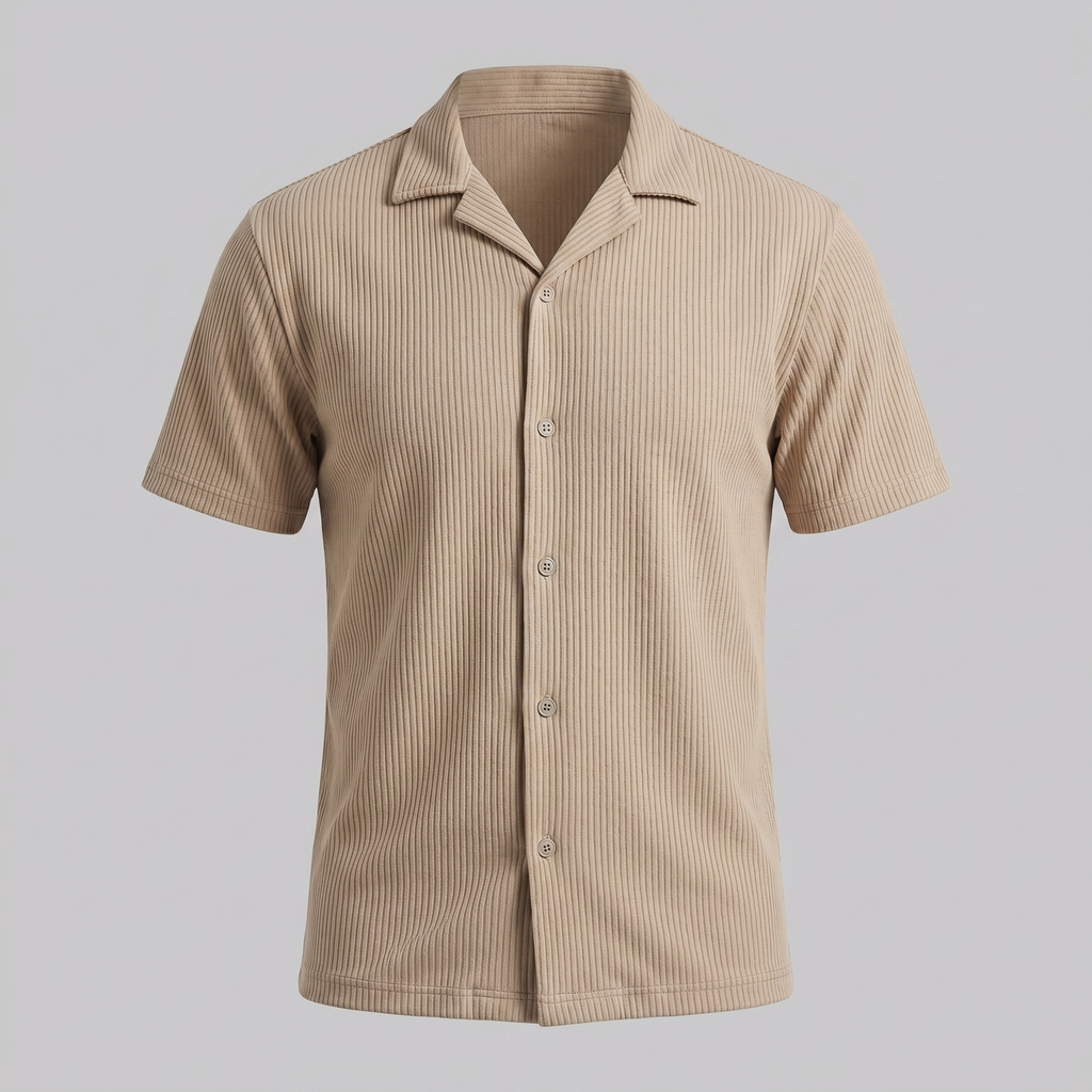 Ribbed Cuban Collar Shirt for Men - Casual Short Sleeve Cotton Top
