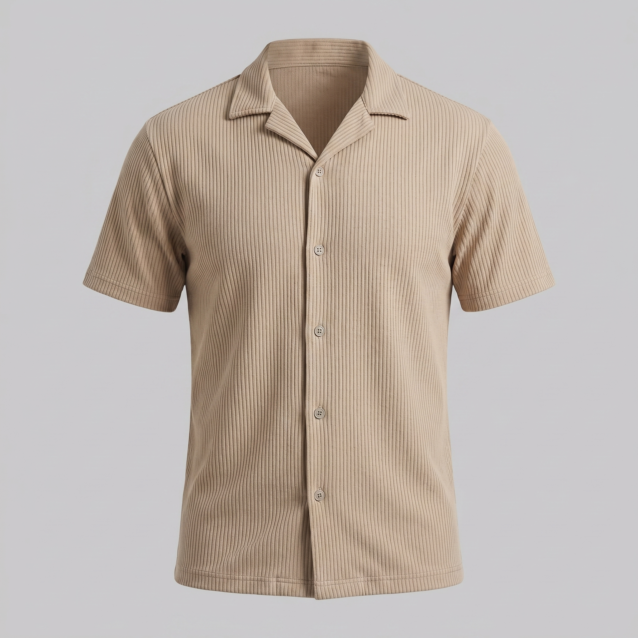 Ribbed Cuban Collar Shirt for Men - Casual Short Sleeve Cotton Top