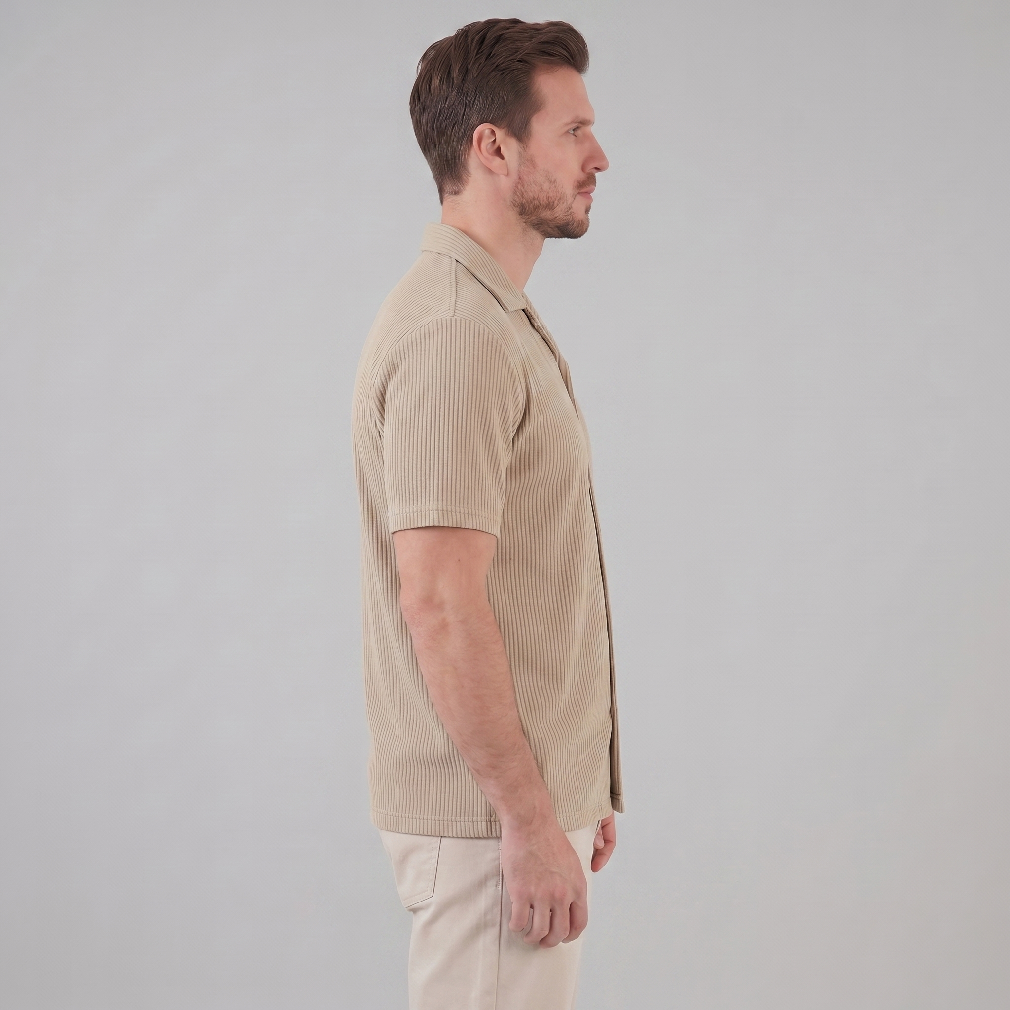 Ribbed Cuban Collar Shirt for Men - Casual Short Sleeve Cotton Top