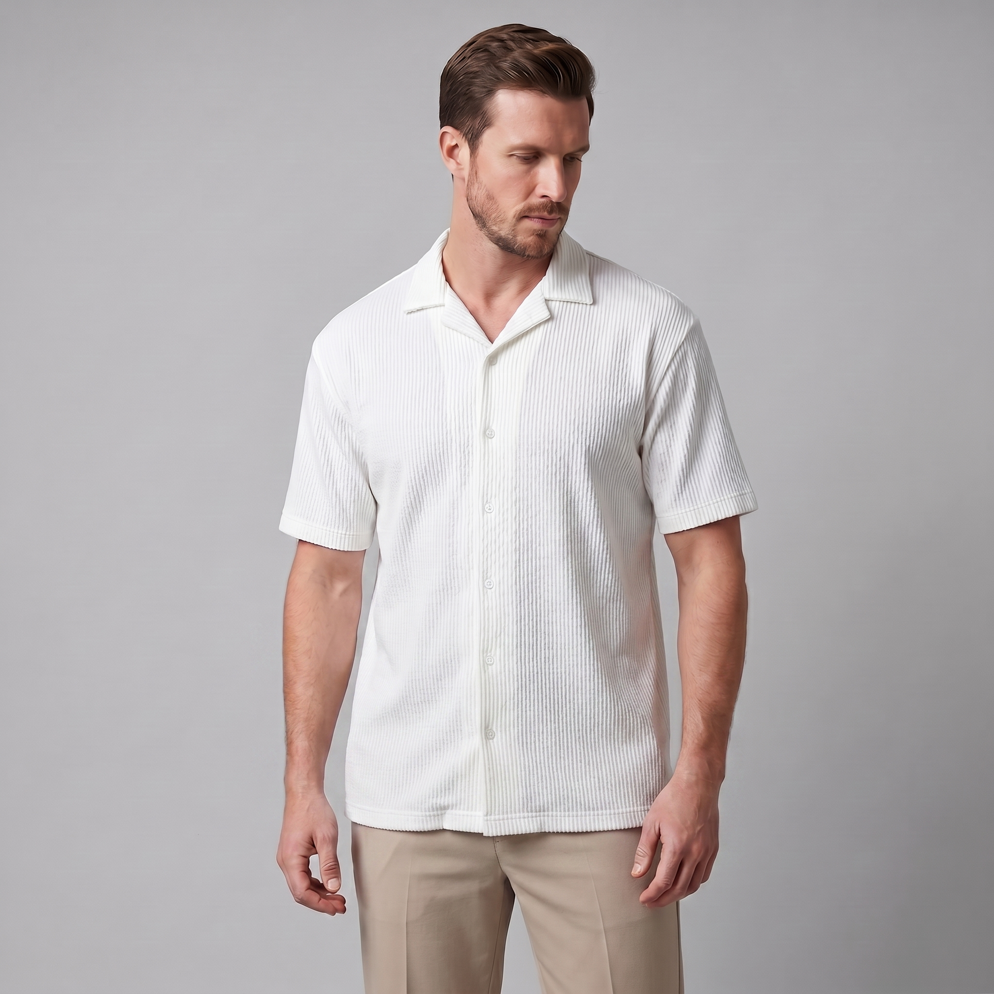 Ribbed Cuban Collar Shirt for Men - Casual Short Sleeve Cotton Top