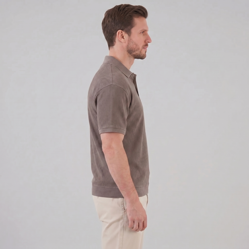 Ribbed Short Sleeve Polo Shirt for Men - Comfortable Cotton Casual Wear
