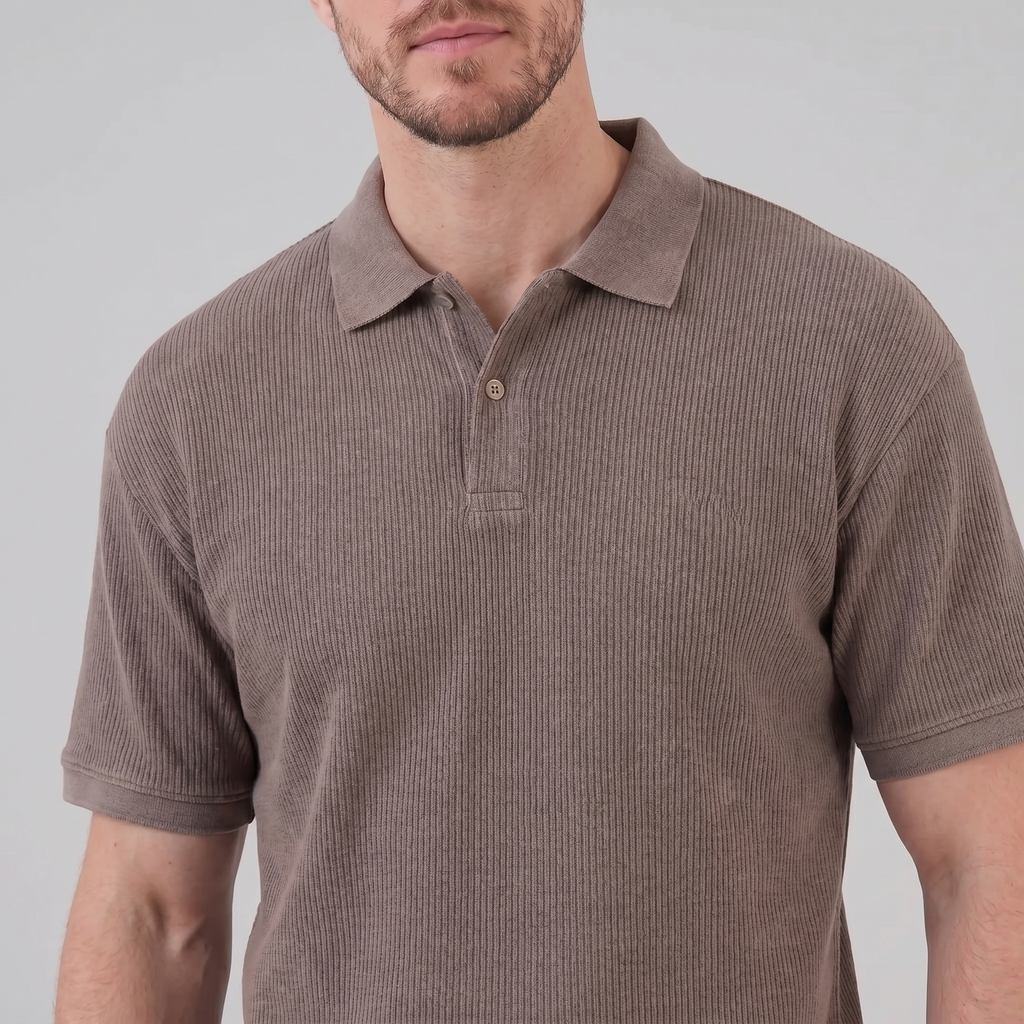 Ribbed Short Sleeve Polo Shirt for Men - Comfortable Cotton Casual Wear