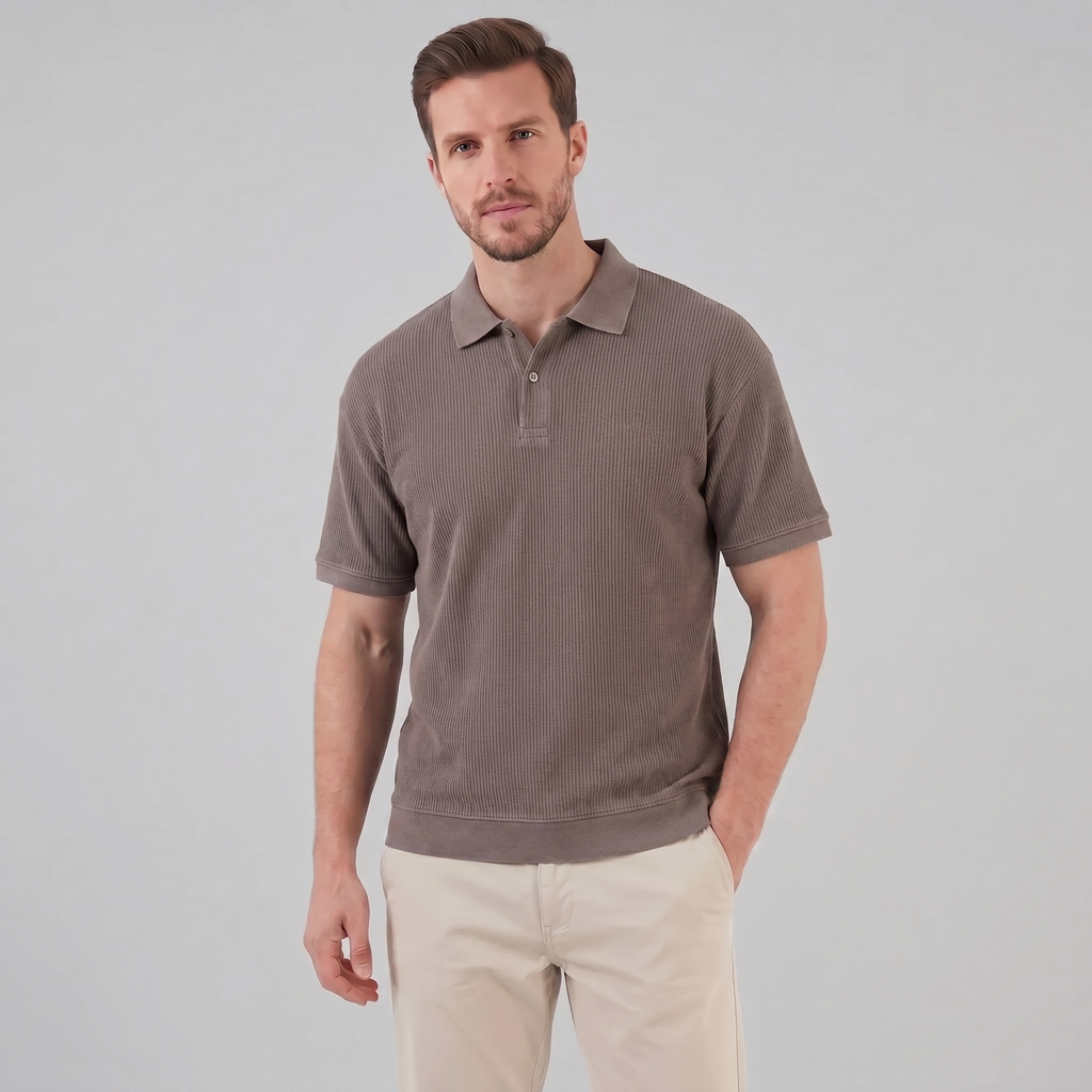 Ribbed Short Sleeve Polo Shirt for Men - Comfortable Cotton Casual Wear