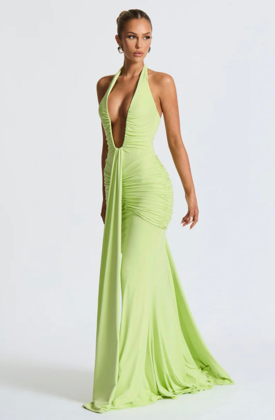 Ruched Bodycon Maxi Dress with Plunging Halter Neck for Evening Events