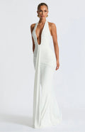 Ruched Bodycon Maxi Dress with Plunging Halter Neck for Evening Events