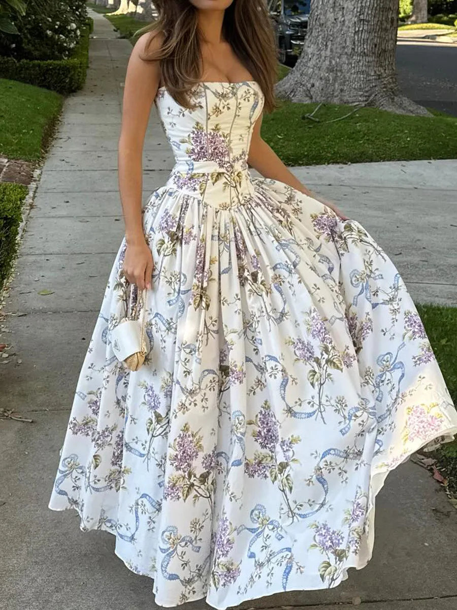 Floral Cut-Out Maxi Dress Women UK – Wedding Guest Garden Party Evening Gown, Resort Holiday
