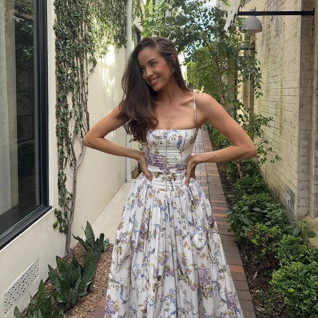 Floral Cut-Out Maxi Dress Women UK – Wedding Guest Garden Party Evening Gown, Resort Holiday