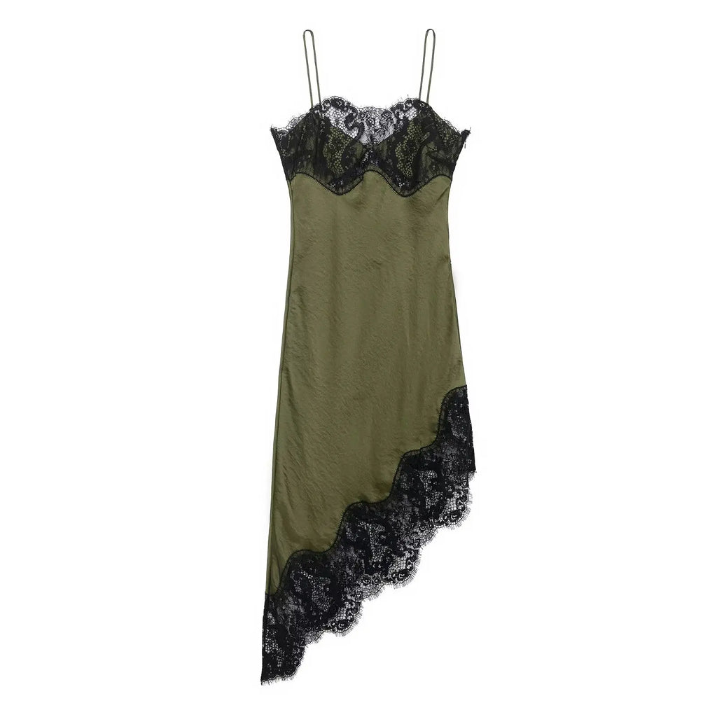 Black Satin Asymmetric Lace Midi Dress Women UK – Wedding Guest Cocktail Evening Gown, Garden Party