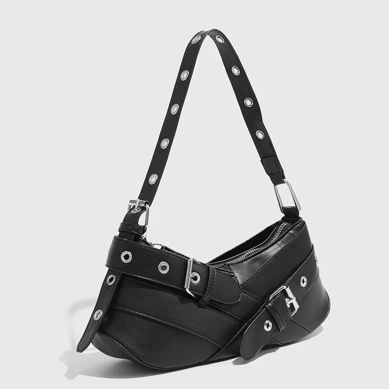 Black Faux Leather Buckle-Strap Shoulder Bag Women UK – Casual Everyday Use, Smart Casual Outings