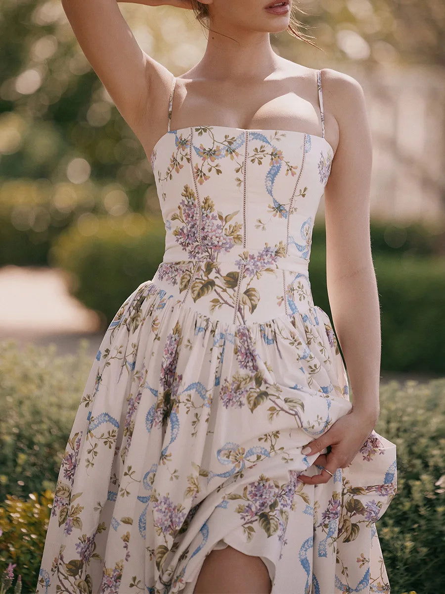 Floral Cut-Out Maxi Dress Women UK – Wedding Guest Garden Party Evening Gown, Resort Holiday