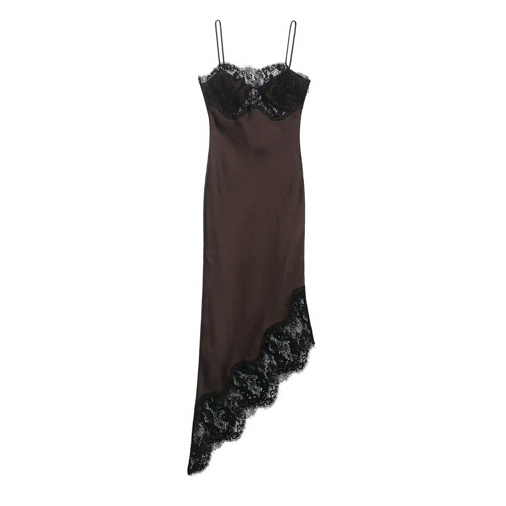 Black Satin Asymmetric Lace Midi Dress Women UK – Wedding Guest Cocktail Evening Gown, Garden Party