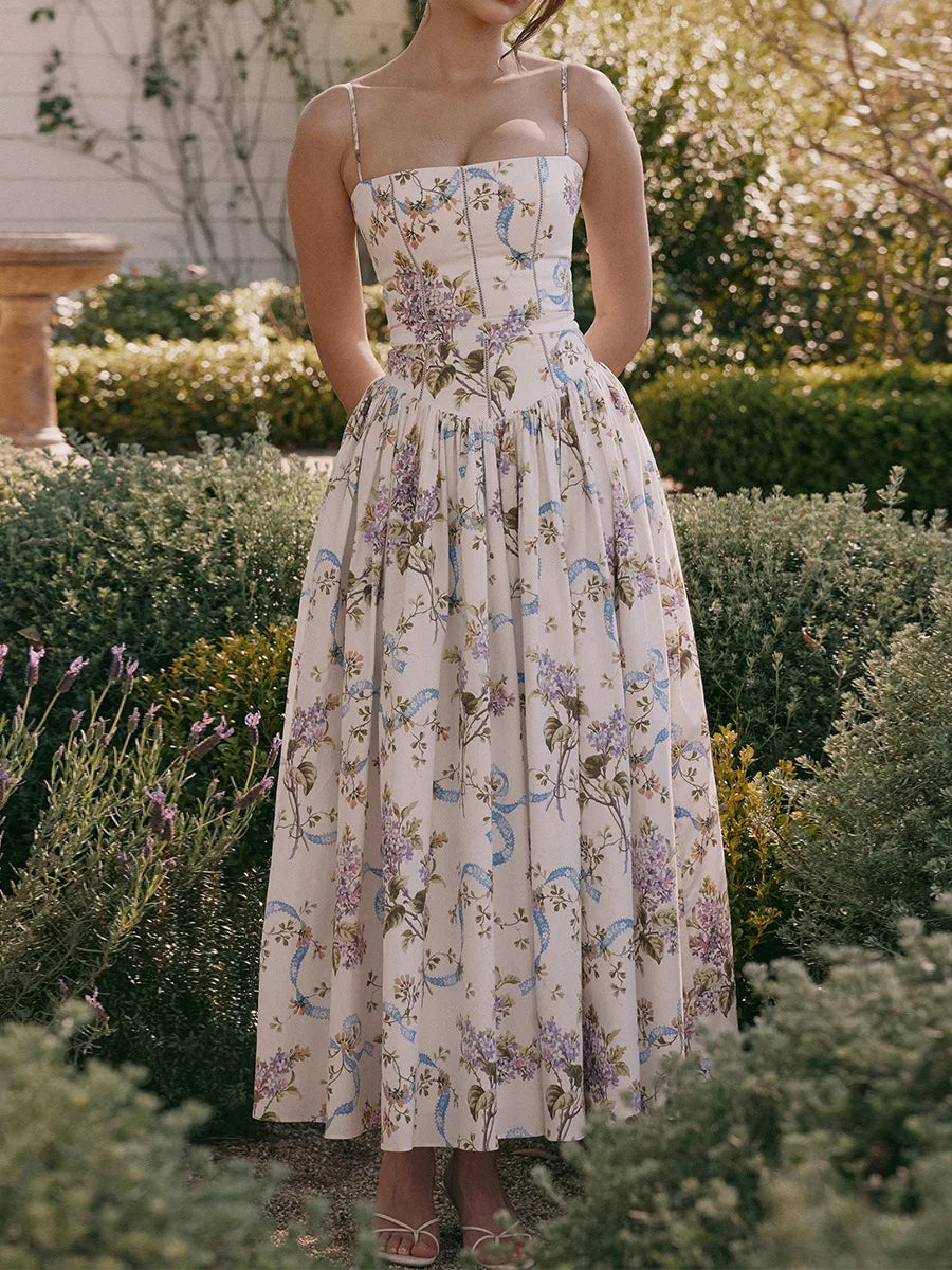 Floral Cut-Out Maxi Dress Women UK – Wedding Guest Garden Party Evening Gown, Resort Holiday