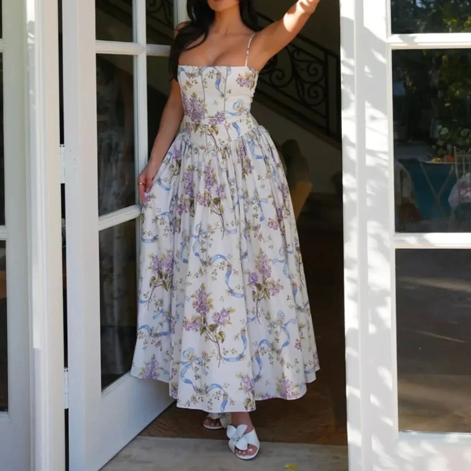 Floral Cut-Out Maxi Dress Women UK – Wedding Guest Garden Party Evening Gown, Resort Holiday