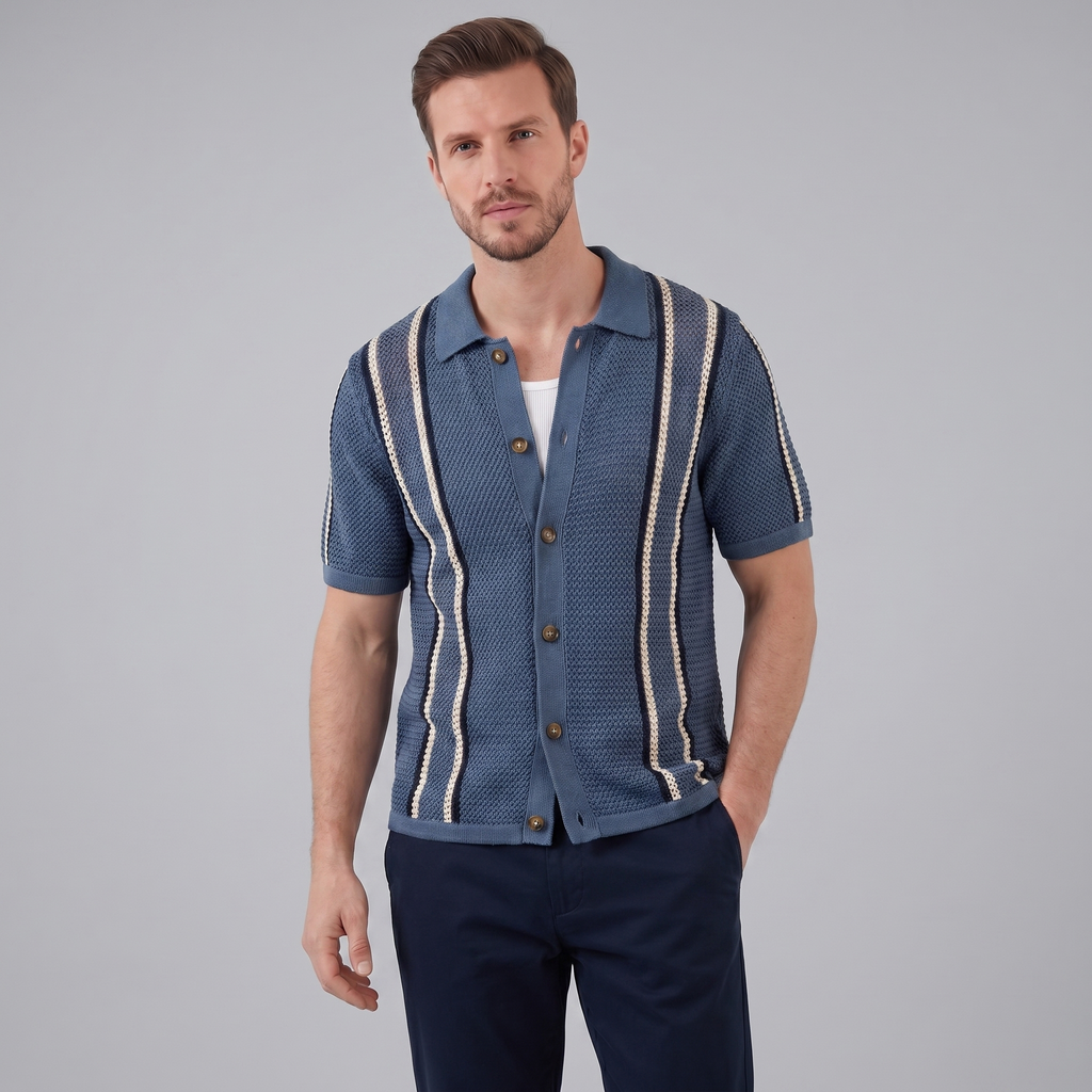 Striped Crochet Knit Shirt for Men - Casual Summer Wear in Lightweight Fabric