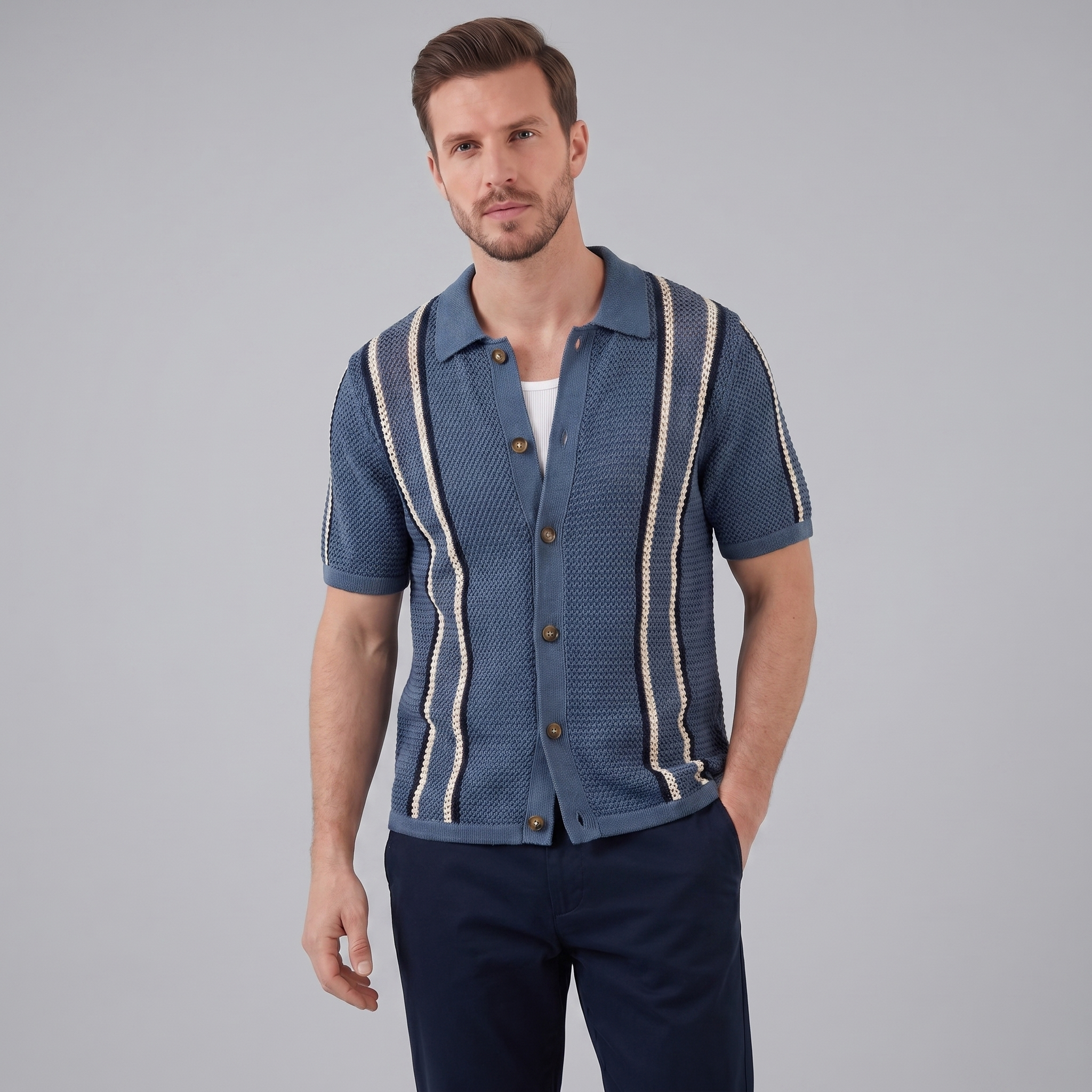 Striped Crochet Knit Shirt for Men - Casual Summer Wear in Lightweight Fabric