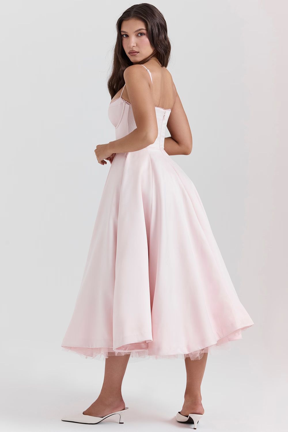 Structured Satin Midi Dress Women UK – Luxurious Corset Bodice, Wedding Guest & Cocktail