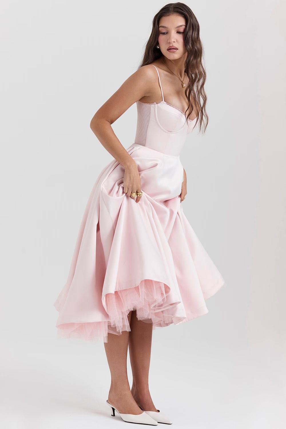 Structured Satin Midi Dress Women UK – Luxurious Corset Bodice, Wedding Guest & Cocktail