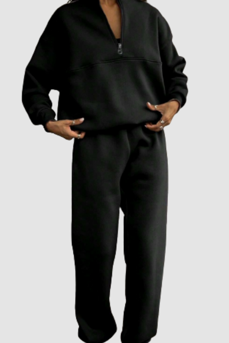 Women's Zip-Up Collar Jumper and Relaxed Fit Trousers Set for Casual Wear