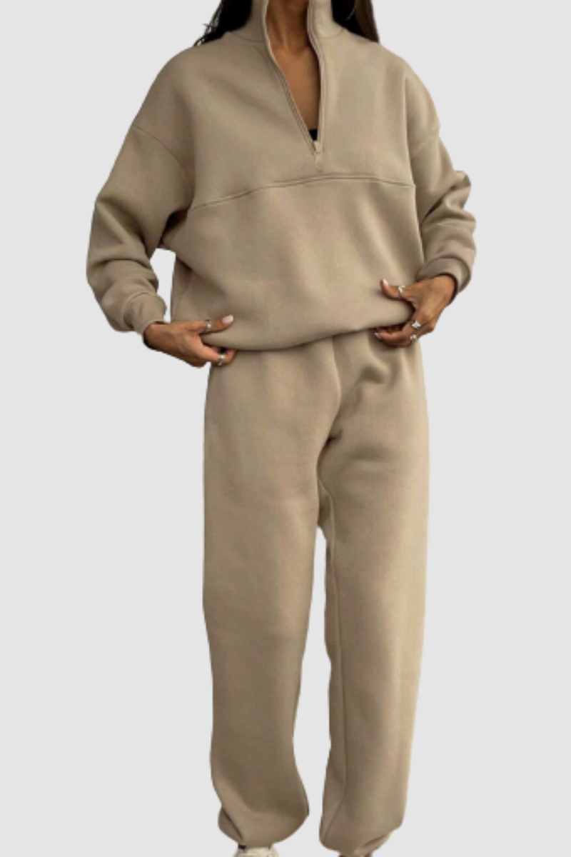 Women's Zip-Up Collar Jumper and Relaxed Fit Trousers Set for Casual Wear
