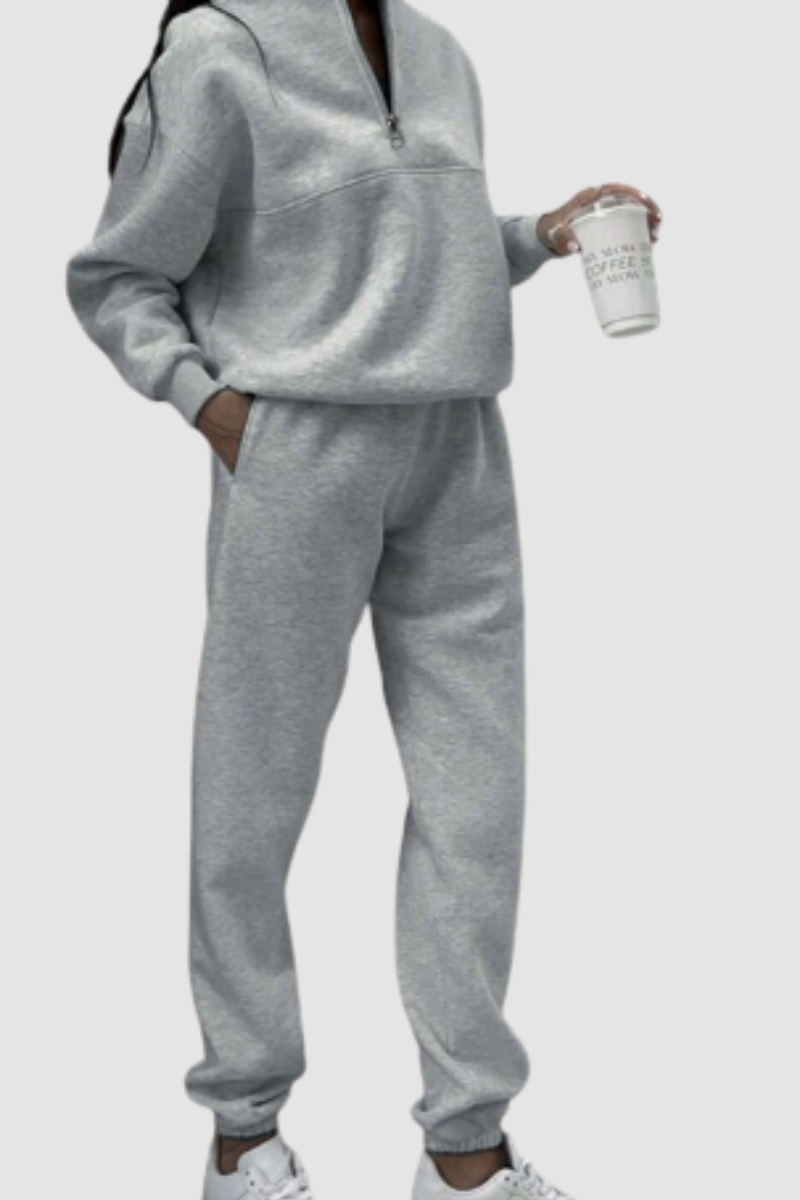 Women's Zip-Up Collar Jumper and Relaxed Fit Trousers Set for Casual Wear