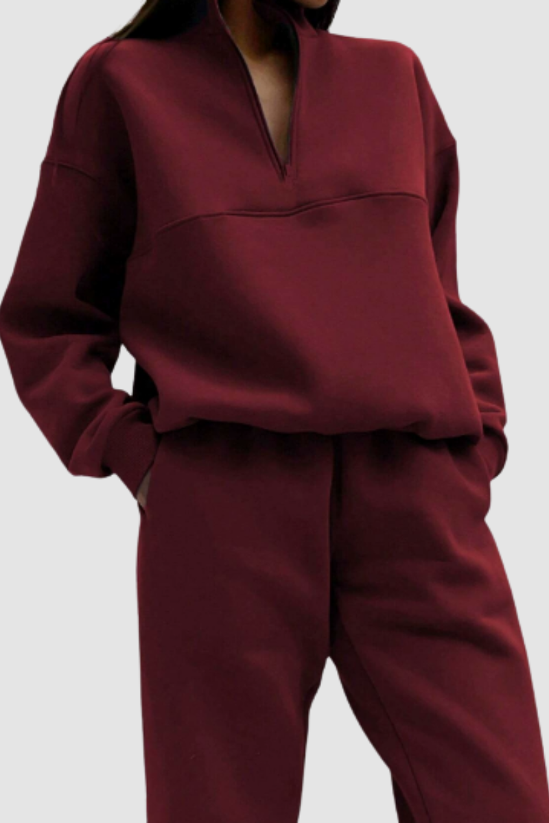 Women's Zip-Up Collar Jumper and Relaxed Fit Trousers Set for Casual Wear