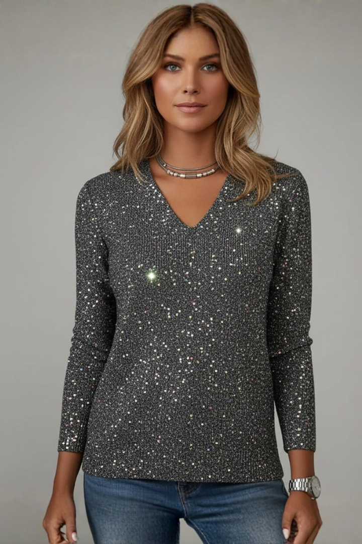 Women’s Sequin V-Neck Long Sleeve Jumper for Evening Wear