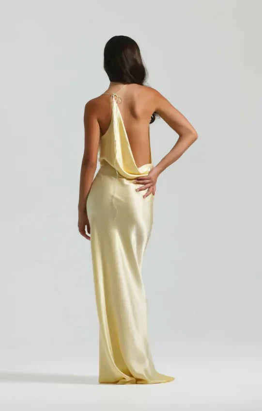 Cowl Neck Satin Maxi Dress with Open Back for Evening and Formal Events