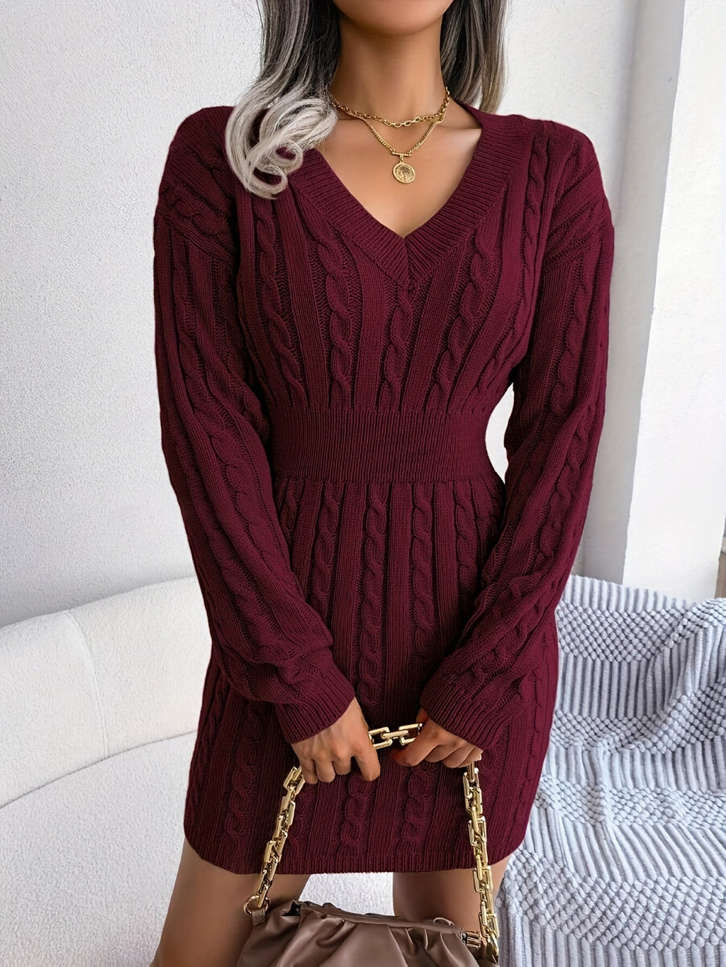 Cable-Knit Peplum Sweater Dress in Soft Fabric for Casual Wear
