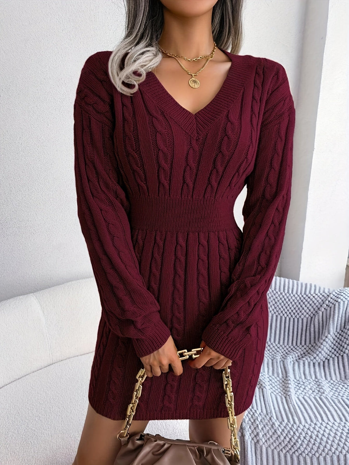 Cable-Knit Peplum Sweater Dress in Soft Fabric for Casual Wear