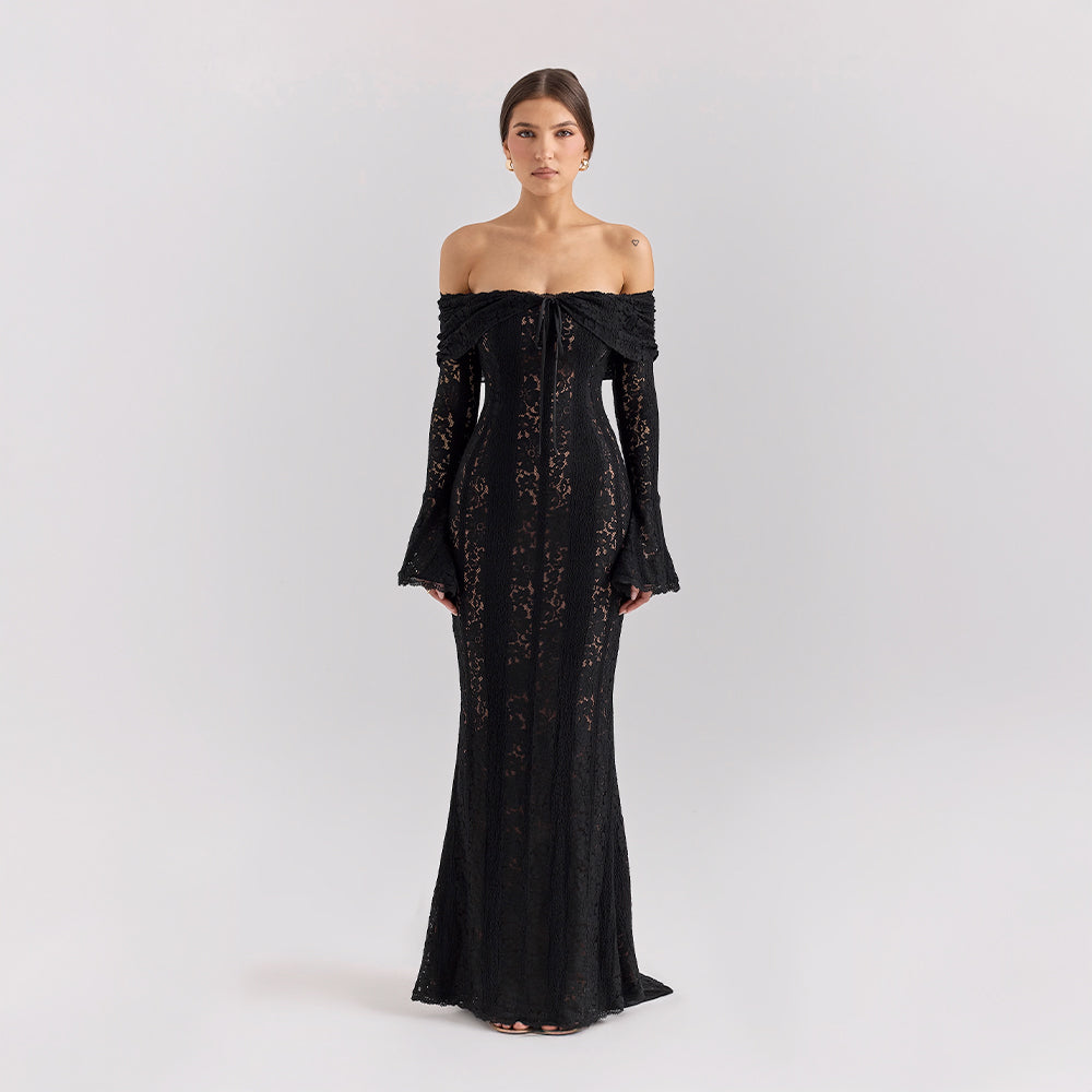 Off-Shoulder Lace Maxi Dress with Bell Sleeves for Formal Events and Weddings