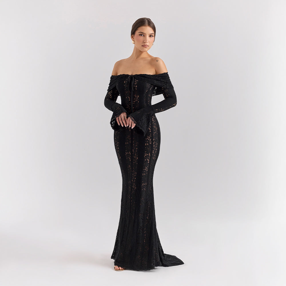 Off-Shoulder Lace Maxi Dress with Bell Sleeves for Formal Events and Weddings
