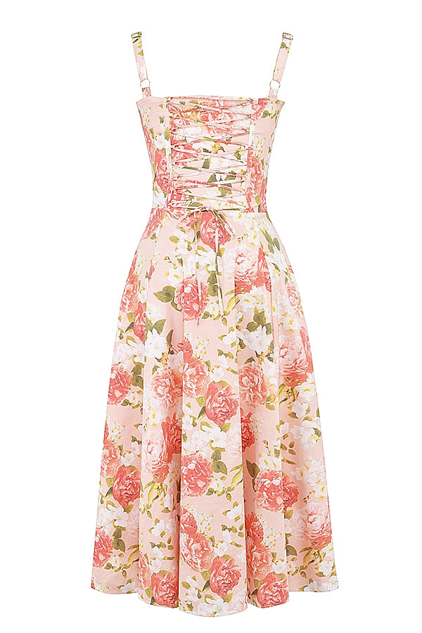 Pink Peony Lace-Up Midi Dress Women UK – Garden Party, Date Night Casual