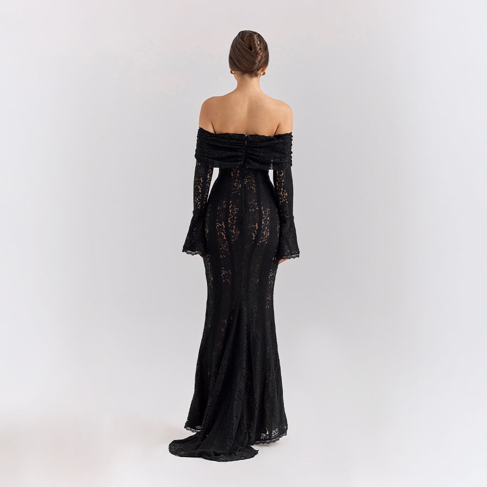 Off-Shoulder Lace Maxi Dress with Bell Sleeves for Formal Events and Weddings