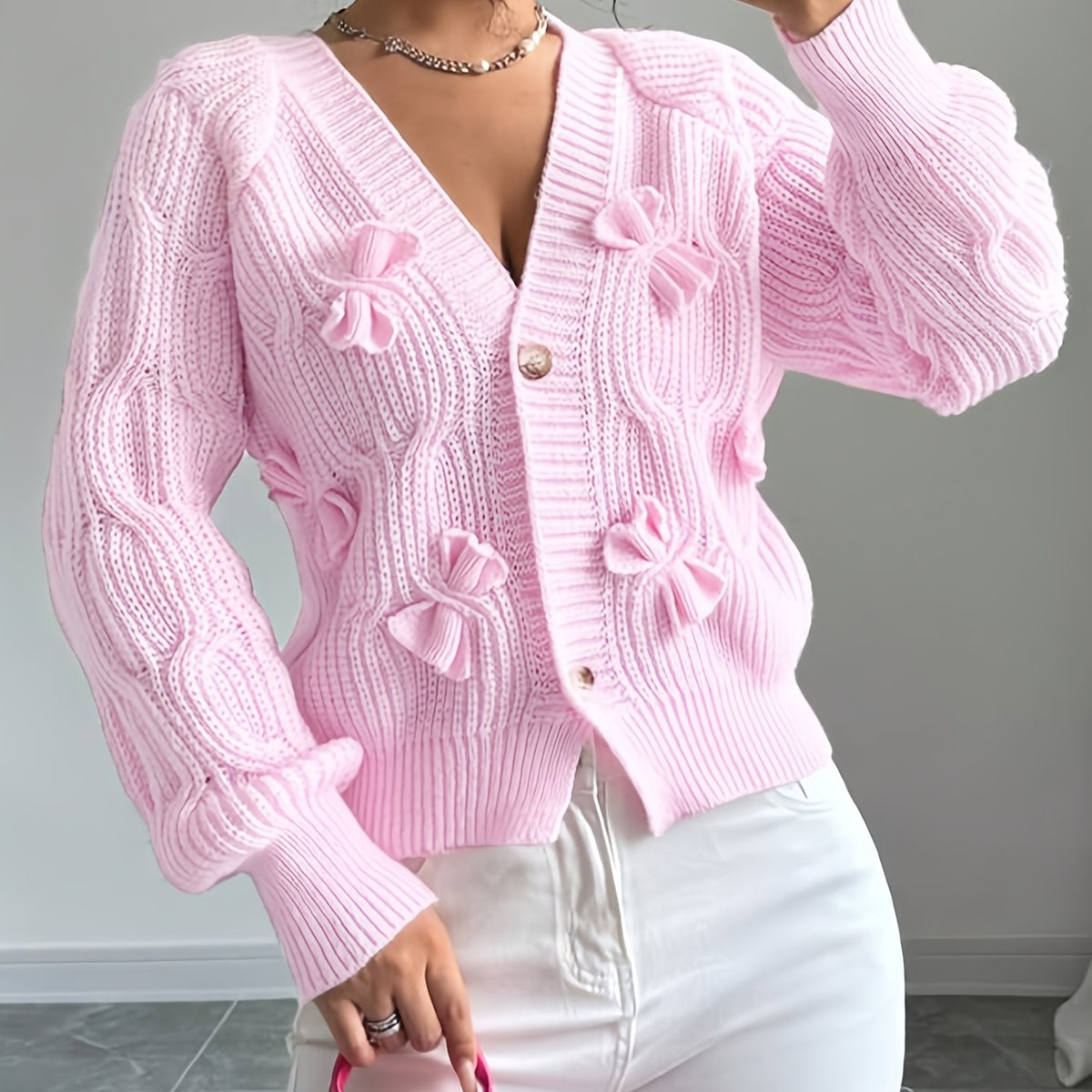 Soft Bow-Detail Long Sleeve Cardigan in Comfortable Knit for Casual Wear