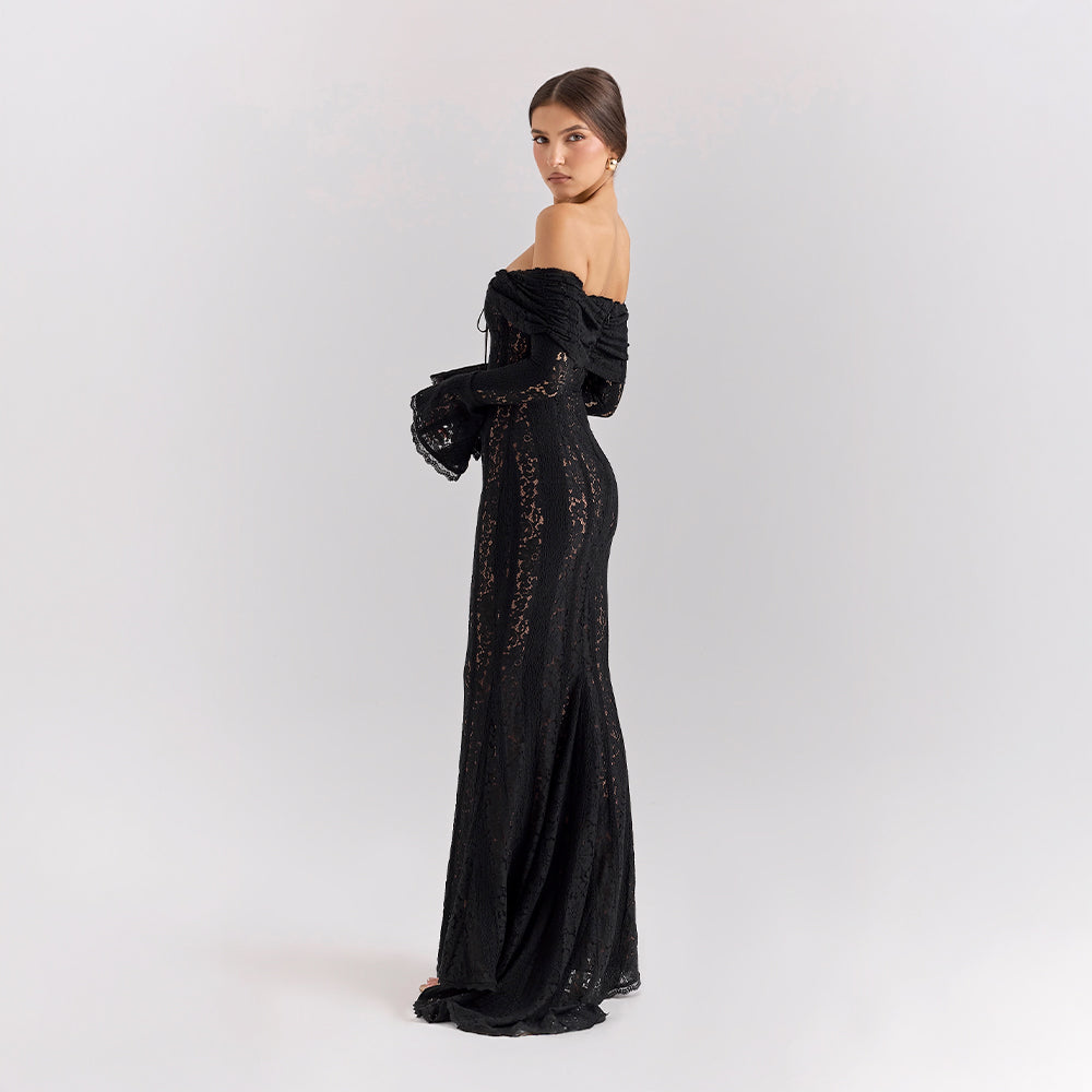 Off-Shoulder Lace Maxi Dress with Bell Sleeves for Formal Events and Weddings