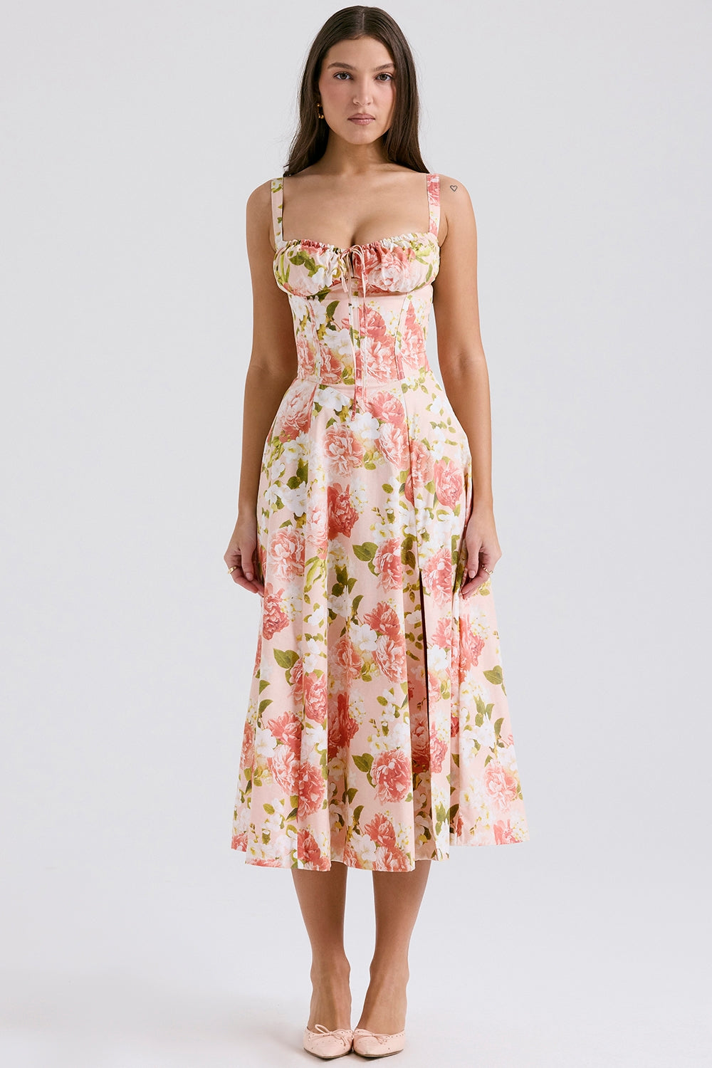 Pink Peony Lace-Up Midi Dress Women UK – Garden Party, Date Night Casual