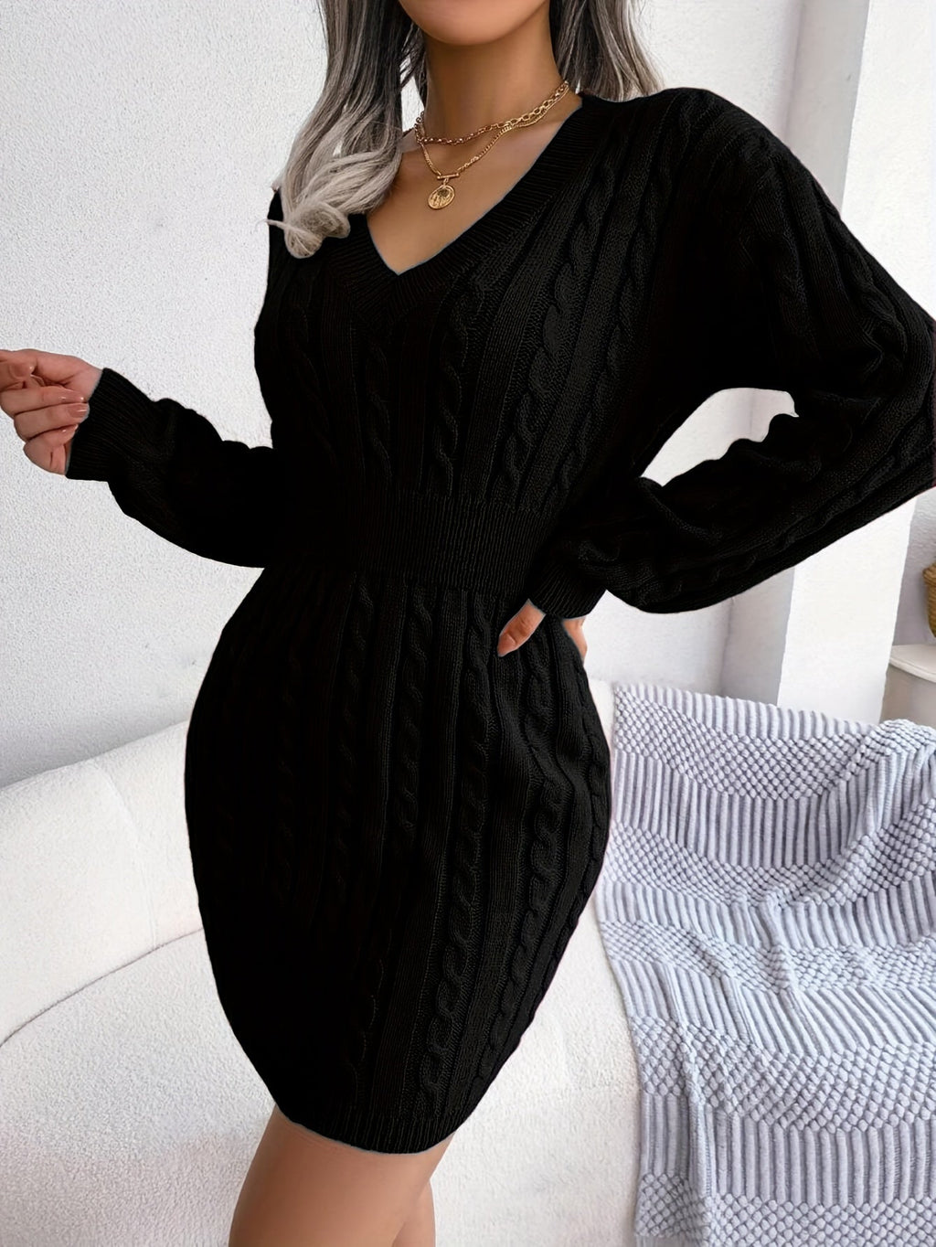 Cable-Knit Peplum Sweater Dress in Soft Fabric for Casual Wear