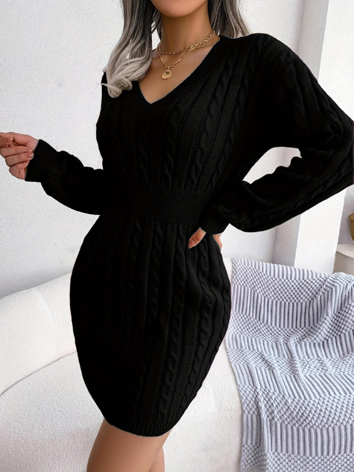 Cable-Knit Peplum Sweater Dress in Soft Fabric for Casual Wear