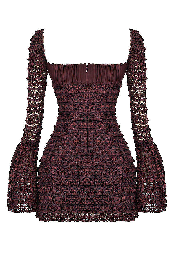 Brown Floral Lace Mini Dress Women UK – Gathered Bust Gown, Garden Party Cocktail